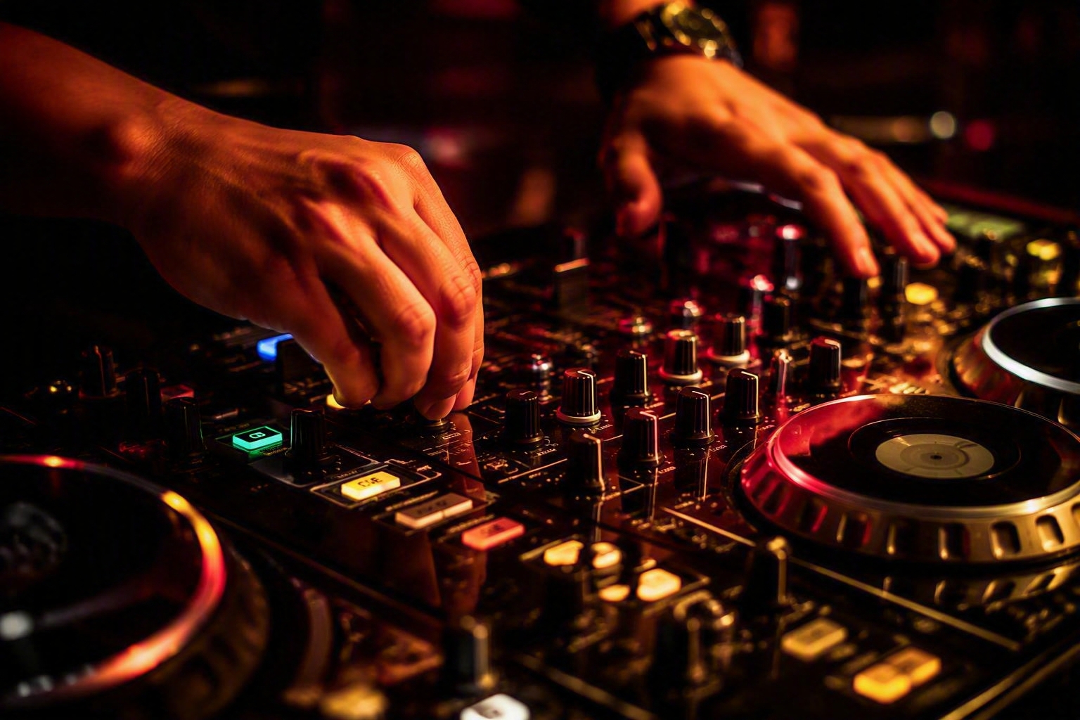 Close up of a DJ mixing on a professional controller with red and gold lighting